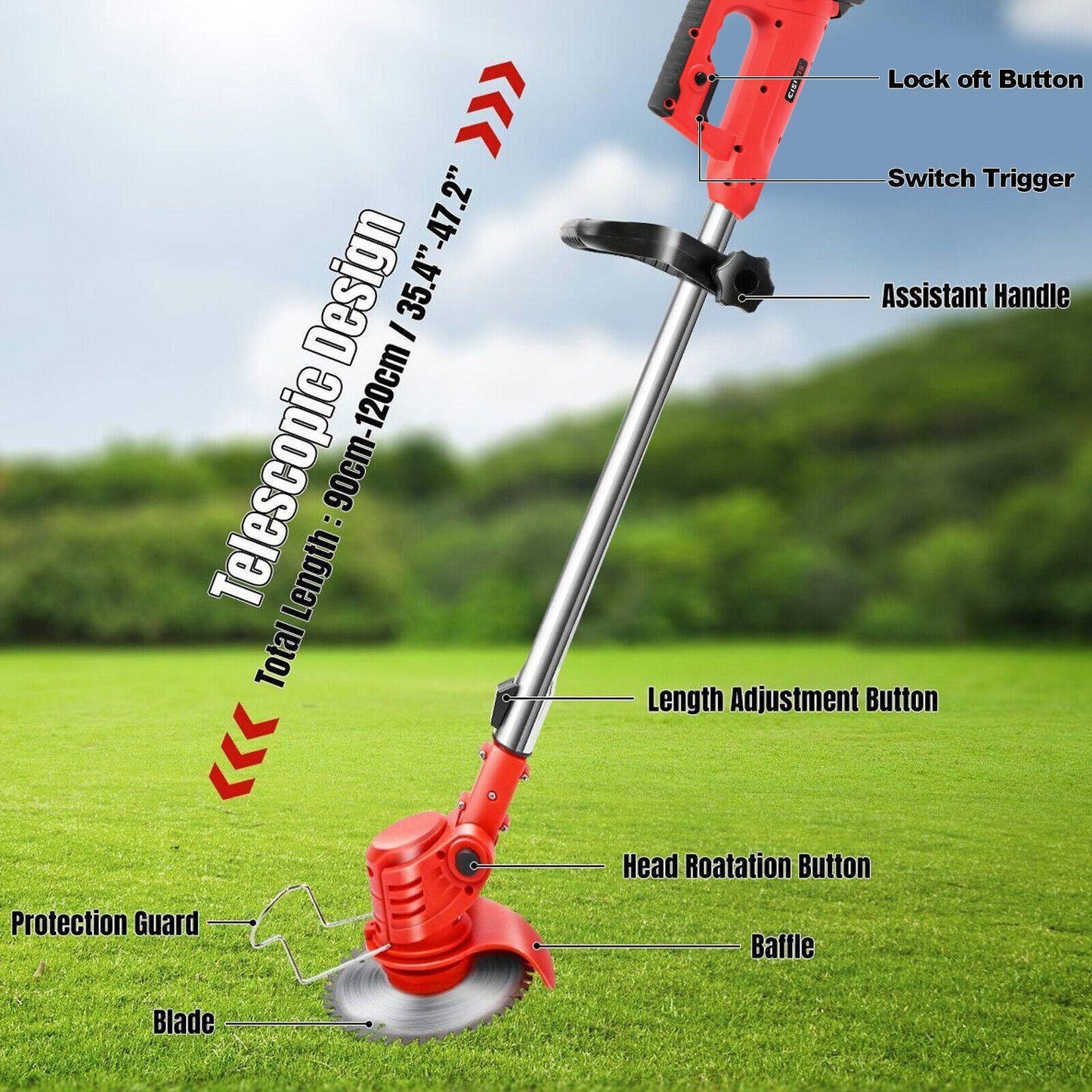 Electric Cordless Lawn Trimmer With 2 Batteries And Charger Brush Cutter Brushcutter Red