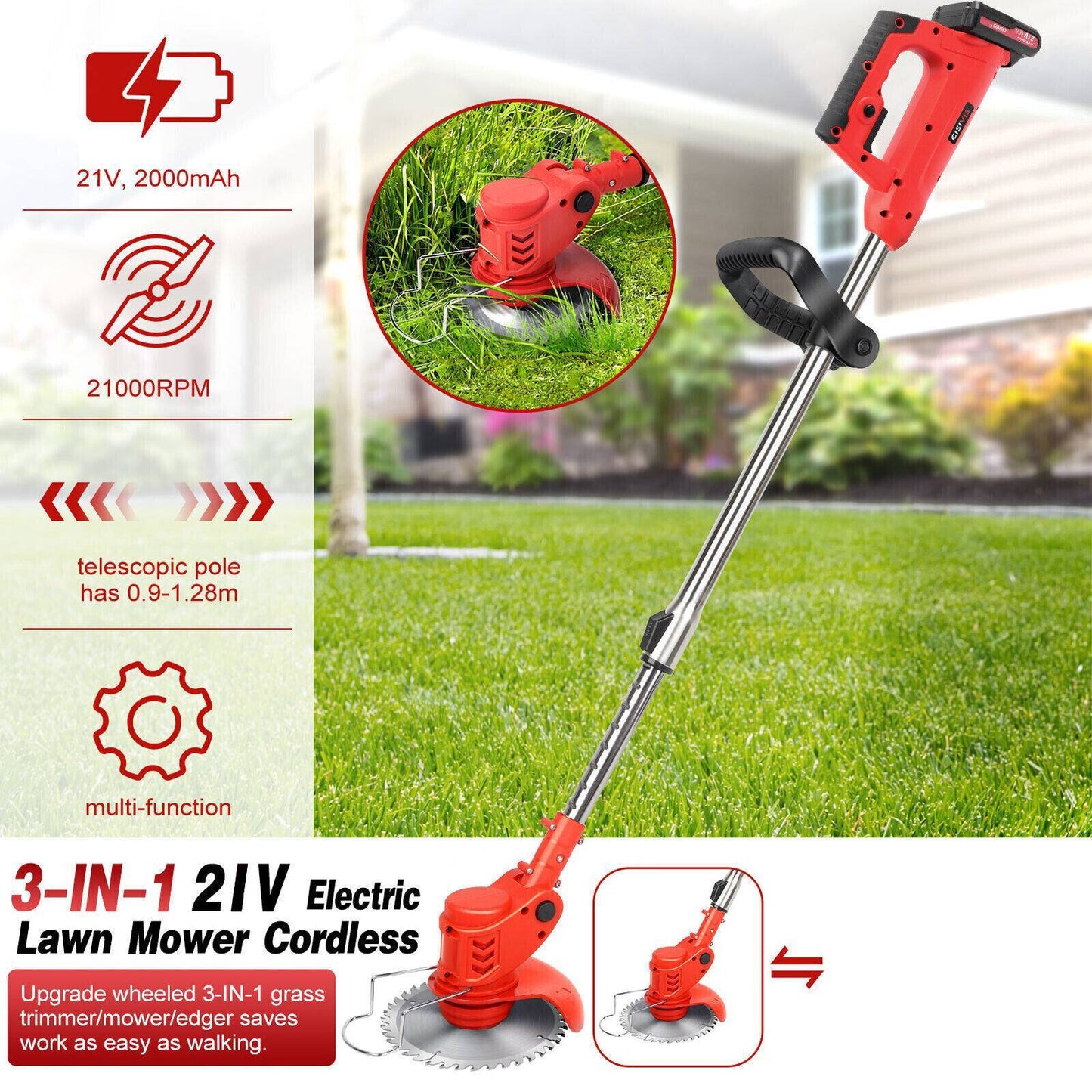 Electric Cordless Lawn Trimmer With 2 Batteries And Charger Brush Cutter Brushcutter Red