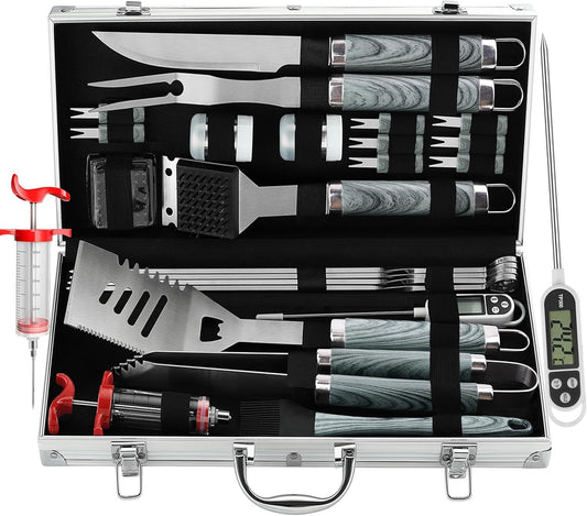 Grilljoy 24PCS BBQ Grill Tools Set With Meat Thermometer And Injector - Extra Thick Stainless Steel Fork, Spatula& Tongs - Complete BBQ Accessories In Aluminum Case - Perfect Grill Gifts For Men