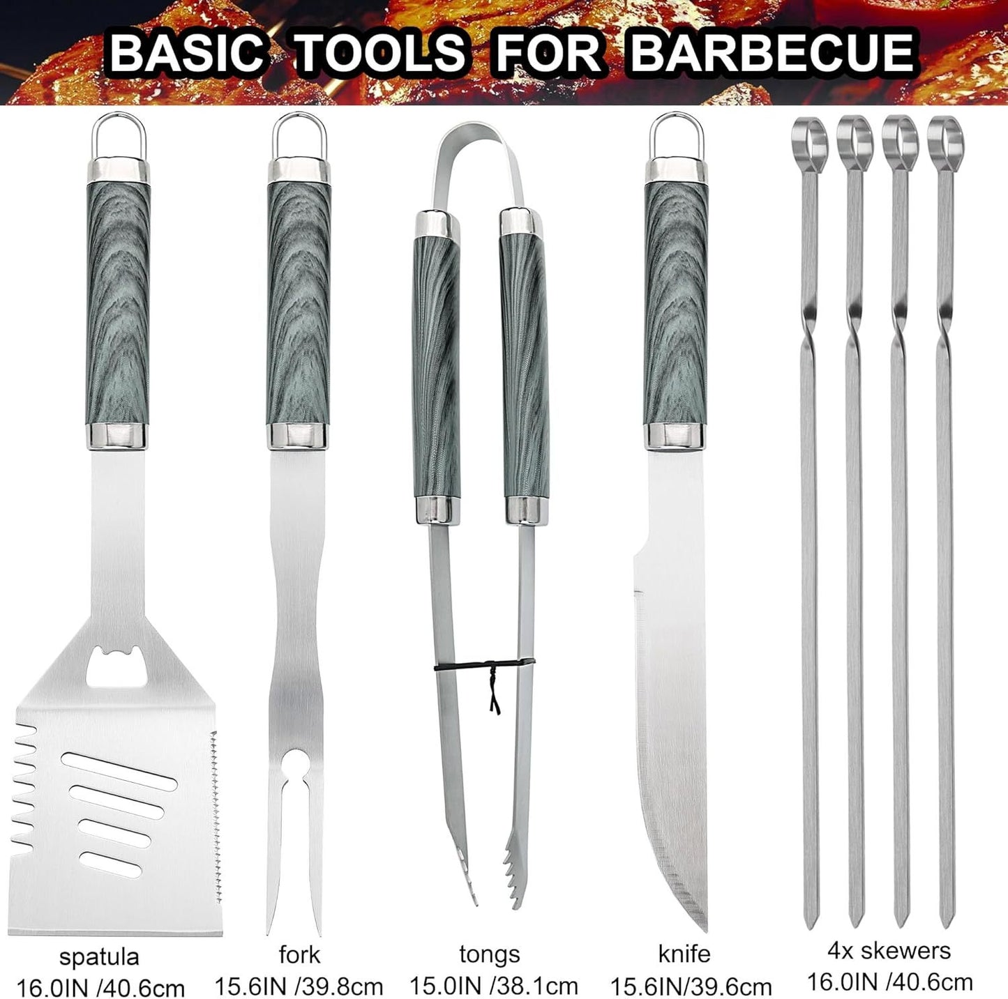 Grilljoy 24PCS BBQ Grill Tools Set With Meat Thermometer And Injector - Extra Thick Stainless Steel Fork, Spatula& Tongs - Complete BBQ Accessories In Aluminum Case - Perfect Grill Gifts For Men