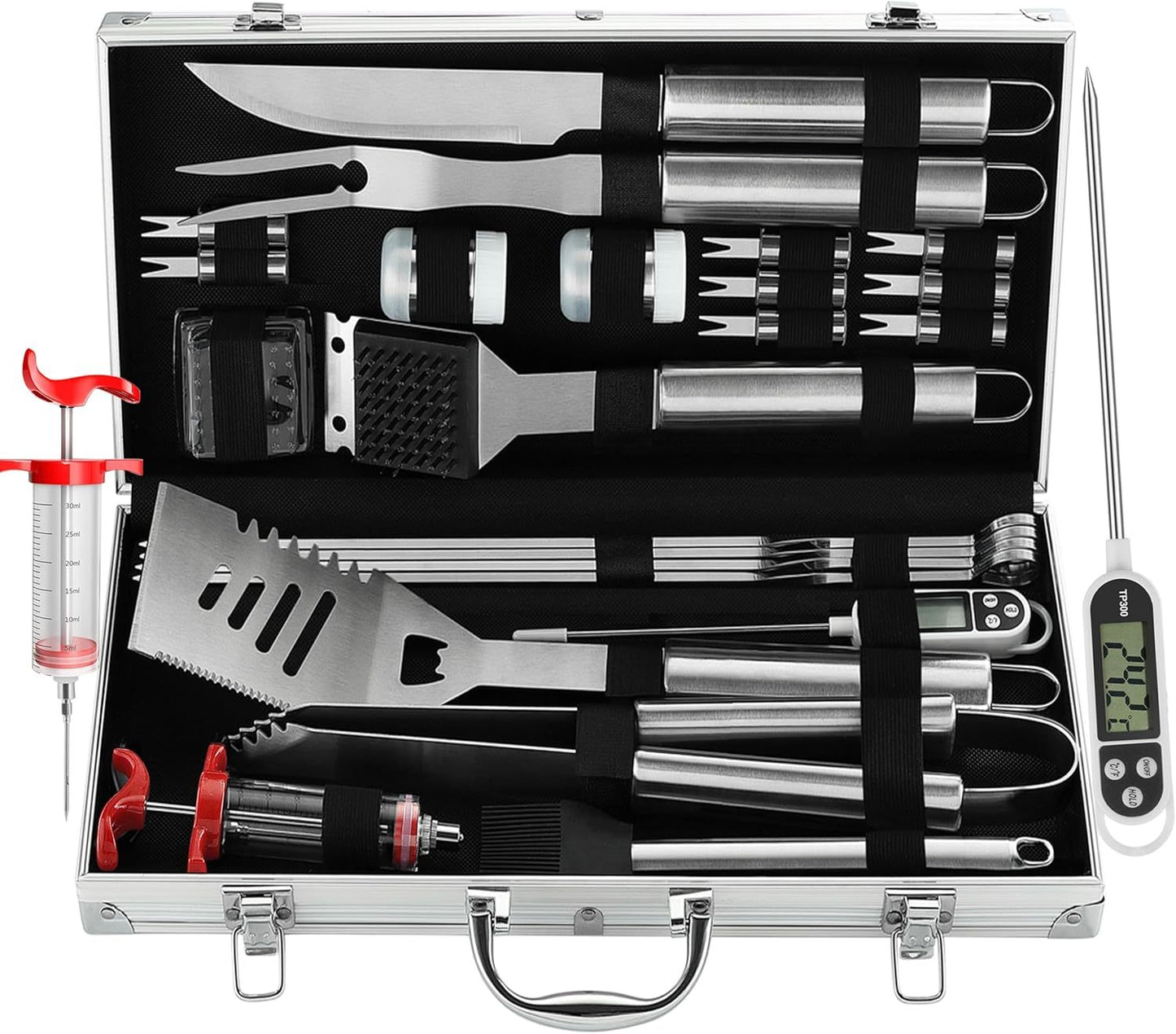 Grilljoy 24PCS BBQ Grill Tools Set With Meat Thermometer And Injector - Extra Thick Stainless Steel Fork, Spatula& Tongs - Complete BBQ Accessories In Aluminum Case - Perfect Grill Gifts For Men
